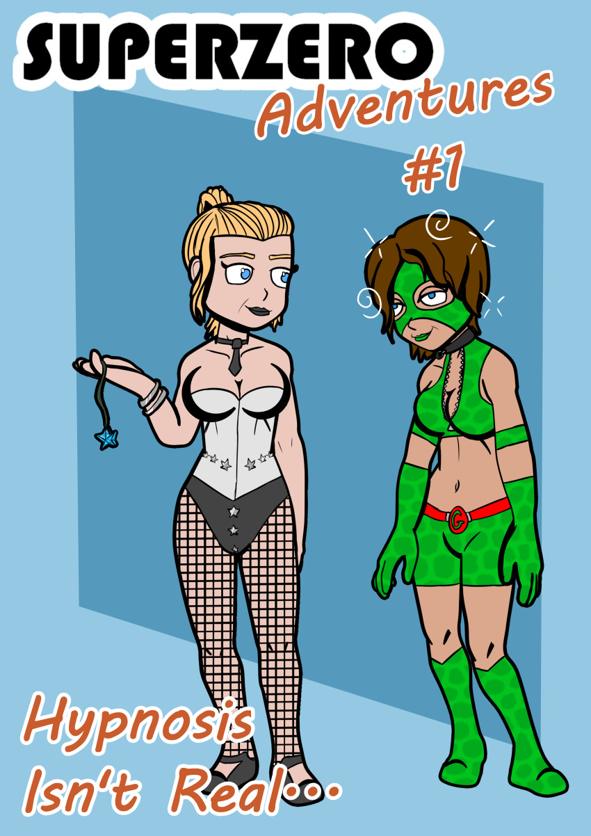 absurdres black_lipstick blonde_hair blue_eyes boots border bracelet brown_hair collar corset crop_top denial female_only femdom femsub fishnets gecko_girl_(isankura) gloves green_lipstick happy_trance heavy_eyelids isankura leotard lipstick long_hair madame_mesmer_(isankura) makeup original pantyhose pendulum ponytail red_hair short_hair shorts simple_background sparkle spiral story super_hero tank_top text tie