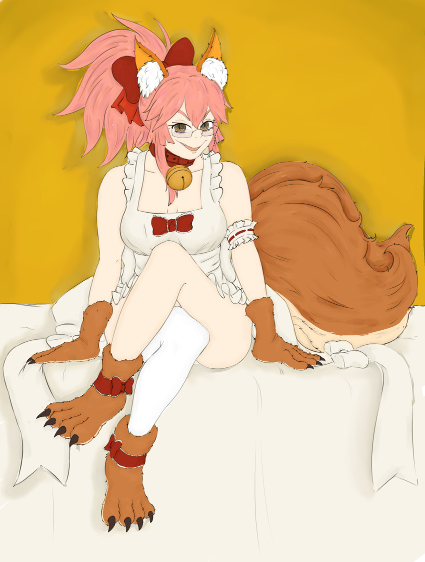 alternate_costume apron bare_legs bare_shoulders corruption crossed_legs elly_snail evil_smile fate/grand_order fate_(series) female_only femdom femsub glasses happy_trance koyanskaya legs long_hair looking_at_viewer pink_hair possession ring_eyes sitting slit_pupils smile tail tamamo_cat yellow_background