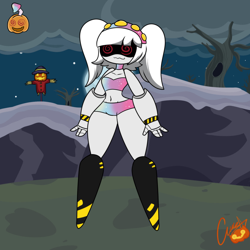 bangs bra female_only femsub grey_hair halloween happy_trance hypno-shroom murder_drones mushroom navel panties plants_vs._zombies red_eyes robot robot_girl serial_designation_j shyker solo soropin spiral_eyes symbol_in_eyes