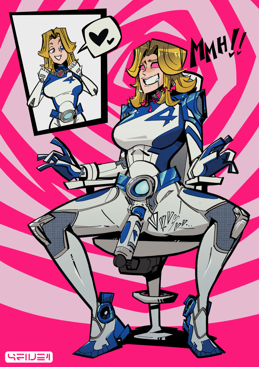 4five1 absurdres before_and_after bodysuit chair collar drool female_only femsub marvel_comics marvel_rivals restrained simple_background smile spiral_background spiral_eyes spread_legs susan_storm tech_control vibrator