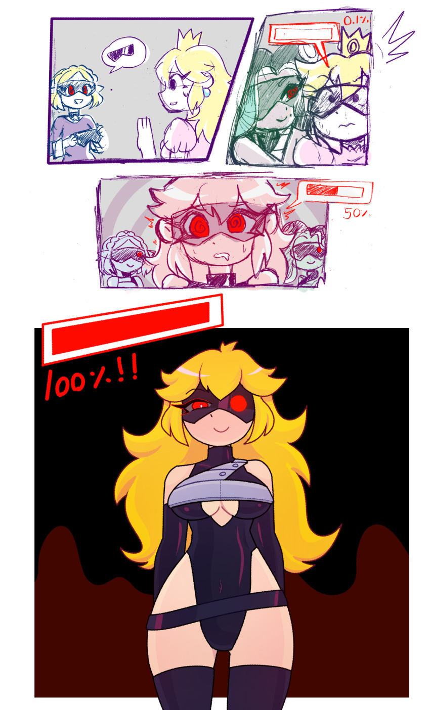 alternate_costume bare_shoulders blonde_hair corruption crossover crown drool eyebrows_visible_through_hair female_only femdom femsub glasses happy_trance hypnotic_accessory hypnotized_assistant hypnotized_hypnotist inkling_girl marina_(splatoon) multiple_girls multiple_subs nintendo octoling princess princess_peach progress_indicator rakuma-imp red_eyes smile spiral_eyes splatoon splatoon_2 super_mario_bros. sweat thighs underboob