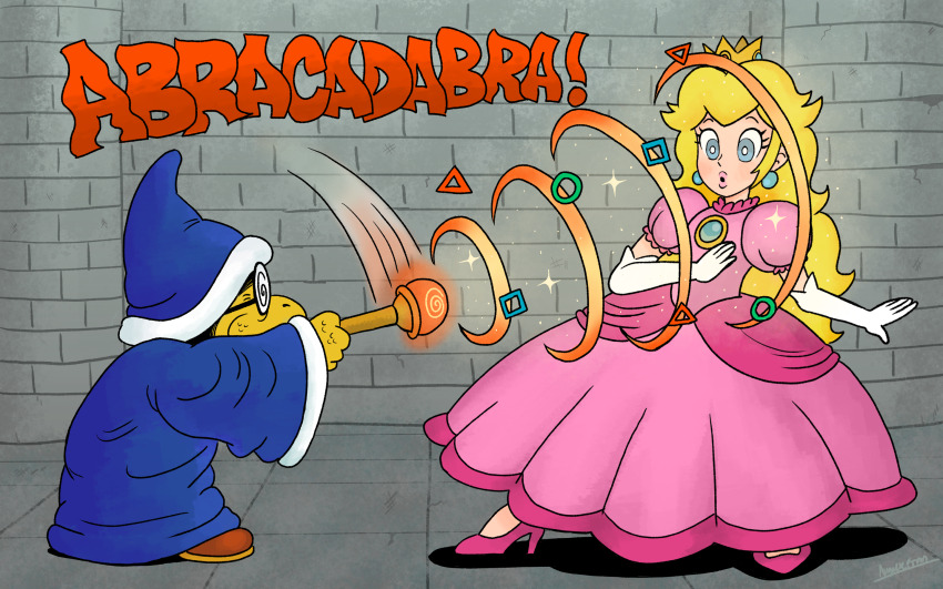 angelicfran blonde_hair blue_eyes blush clothed dress earrings english_text femsub glasses gloves hat high_heels hypnotic_magic jewelry magic magic_wand magician magikoopa maledom nintendo open_mouth opera_gloves princess princess_peach sparkle spiral standing super_mario_bros. symbol text