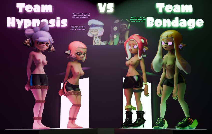 agent_3_(splatoon) agent_4_(splatoon) agent_8_(splatoon) alternate_costume black_hair bondage breasts earpiece empty_eyes english_text female_only femsub hat headphones legoguy9875 marie_(splatoon) marina_(splatoon) multicolored_hair multiple_girls multiple_subs nintendo orange_hair pearl_(splatoon) pink_eyes pink_hair red_hair splatoon tech_control tentacles text topless white_hair