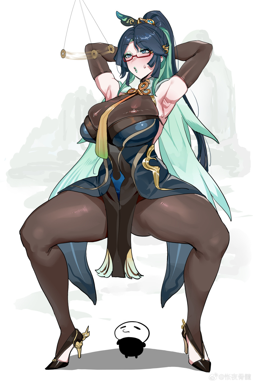 absurdres armpits breasts coin eyebrows_visible_through_hair femsub genshin_impact glasses gloves green_eyes hair_ornament high_heels kuook leotard lipstick makeup milf multicolored_hair opera_gloves pantyhose pendulum ponytail simple_background spiral_eyes squatting sweat symbol_in_eyes thick_thighs thighs tie twintails very_long_hair xianyun_(genshin_impact)
