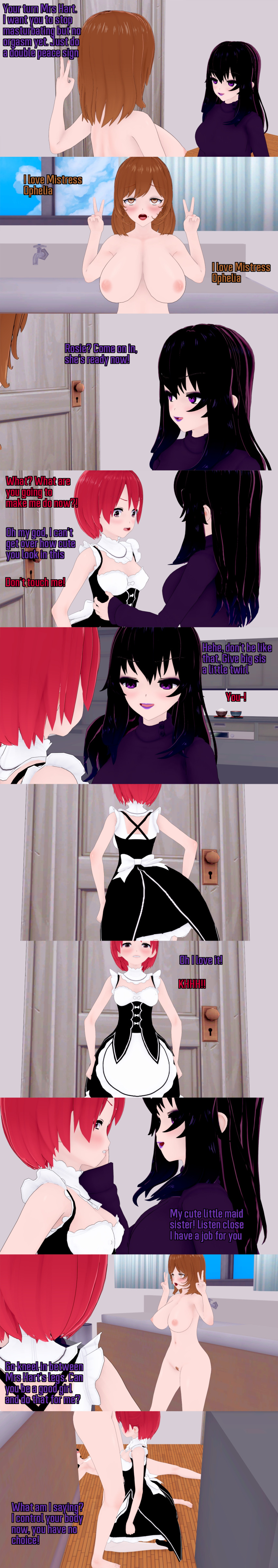 absurdres angry aware black_hair body_control breasts brown_eyes brown_hair clothed cum dialogue double_v elise_(ophelia's_dollhouse) english_text eye_roll female_only femdom femsub kneeling long_hair maid milf mole mother_and_daughter mrs._hart_(ophelia's_dollhouse) multiple_girls multiple_subs nipples nude ophelia's_dollhouse ophelia_(ophelia's_dollhouse) pubic_hair purple_eyes red_hair rose_(ophelia's_dollhouse) short_hair sisters text tongue tongue_out v zenin1