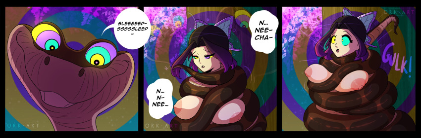 black_hair breasts butterfly comic demon_slayer disney english_text hair_ornament hypnotic_eyes kaa kaa_eyes multiple_views nipples orkart outdoors purple_hair shinobu_kocho signature sitting sleep_command snake text the_jungle_book topless trees