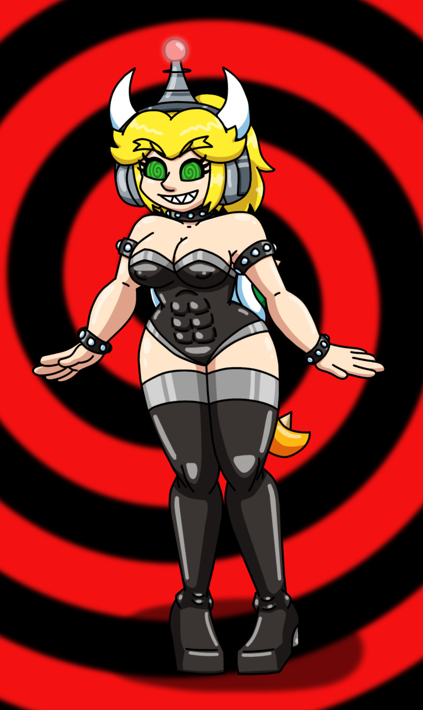 antenna blonde_hair bowsette fembot femsub green_eyes happy_trance headphones high_heels horns latex muscle_girl nintendo ponytail robotization sharp_teeth short_hair smile spiral_eyes spiralwash_eyes super_mario_bros. supertechno324 swimsuit tail tech_control thigh_boots