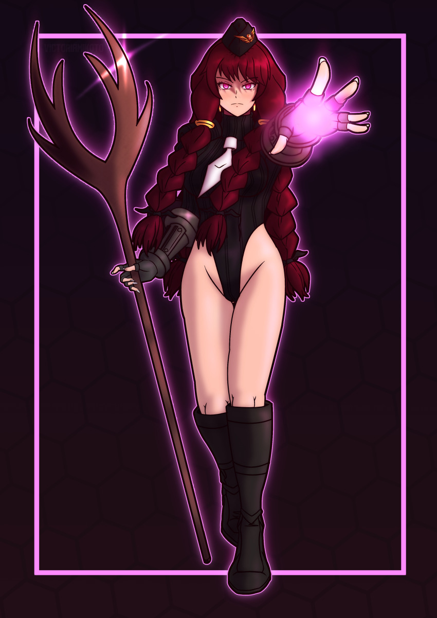 alternate_costume aura bare_legs capcom corruption crossover earrings fairy_tail femsub fingerless_gloves gloves glowing irene_belserion large_breasts legs long_hair looking_at_viewer red_hair shadaloo_dolls staff standing street_fighter thighs tie twintails victoriamikoto