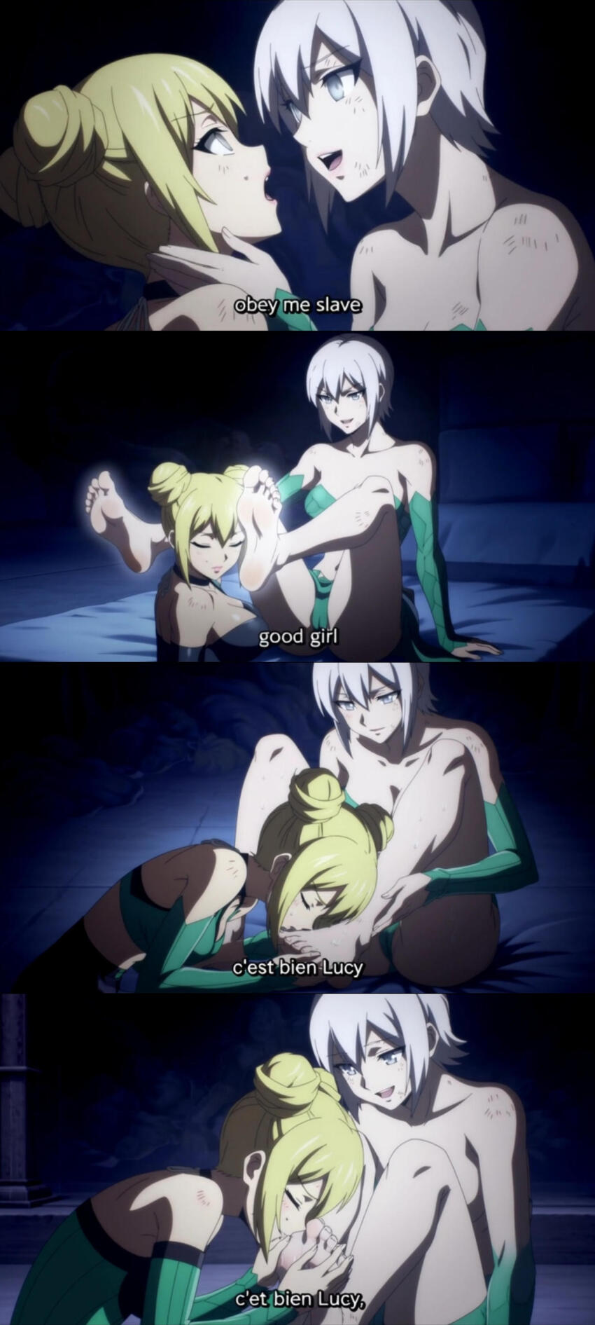 ai_art blonde_hair fairy_tail feet femdom femsub foot_worship hypnotized_dom hypnotized_hypnotist large_breasts lisanna_strauss lucy_heartfilia text translated white_hair