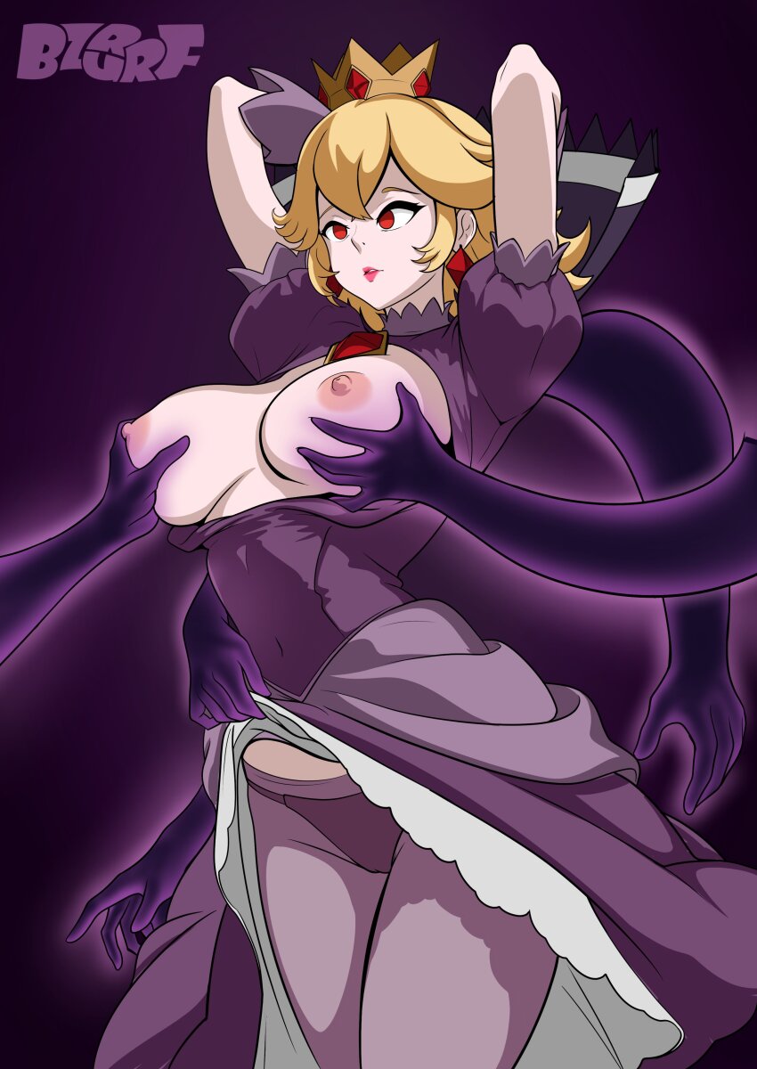 absurdres alternate_costume arms_above_head blonde_hair breast_grab breasts breasts_outside bzurrrf corruption crown dress dress_lift earrings empty_eyes expressionless femdom femsub gloves groping hypnovember lipstick nintendo nipples open_clothes panties pantyhose paper_mario paper_mario:_the_thousand_year_door phantom_hand possession princess princess_peach red_eyes shadow_queen