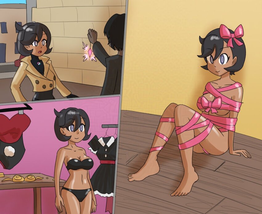 black_hair emma_(pokemon) femsub mythkaz nintendo pokemon pokemon_legends_z-a ribbon_bondage tagme