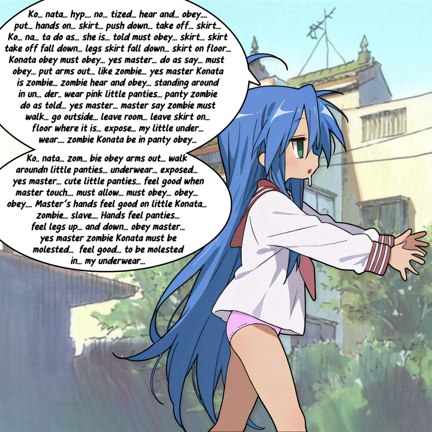 ai_art blue_hair dialogue drool empty_eyes english_text female_only femsub karma-x konata_izumi lucky_star outdoors panties school_uniform solo speech_bubble text very_long_hair zombie_walk
