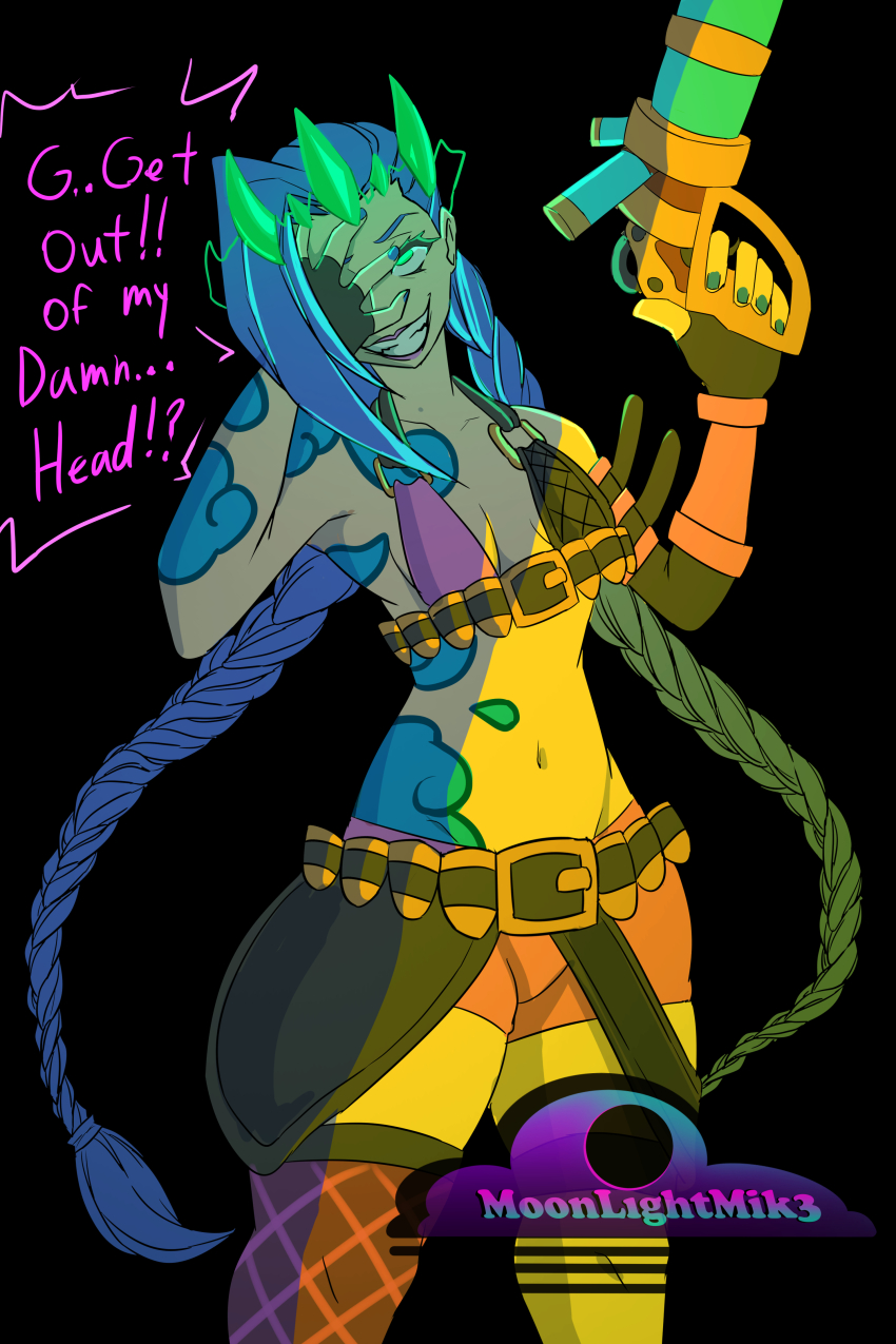 absurdres blue_hair breasts cleavage clothed control_indicator crown dialogue english_text evil_smile eye_color_change femsub fingerless_gloves gloves green_eyes gun hand_on_head jinx_(league_of_legends) league_of_legends lipstick long_hair maledom midriff moonlightmik3 nail_polish navel possession resisting shorts simple_background smile speech_bubble tattoo text twintails viego_(league_of_legends) weapon