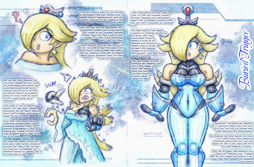 absurdres altered_common_sense ameerashourdraws before_and_after blonde_hair blue_eyes bodysuit breasts caption complex_background crossover crown dialogue drone dronification female_only fembot femdom femsub jewelry latex long_hair nintendo princess_rosalina story super_mario_bros. super_mario_galaxy super_smash_bros. text thighs trigger