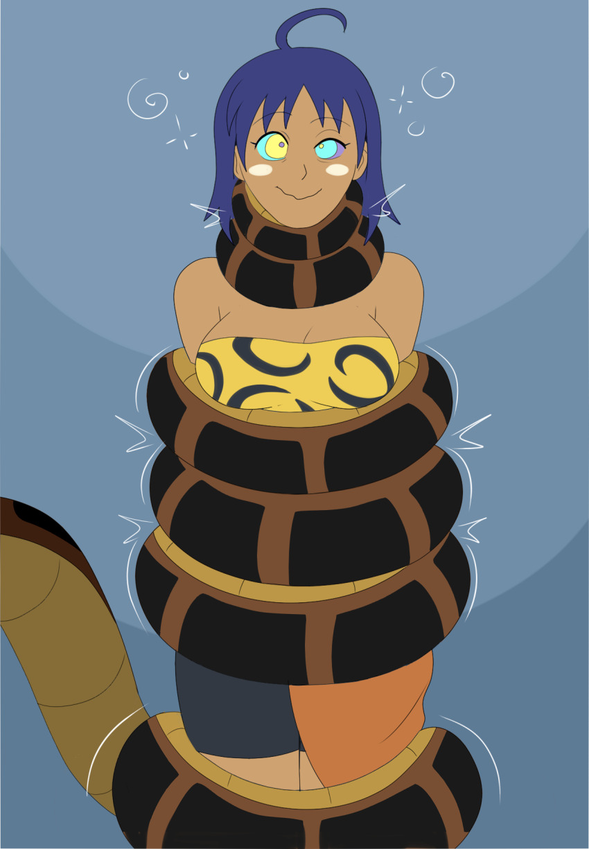 ahoge asphyxiation bare_shoulders blue_background blue_hair breasts coils disney femsub hare+guu kaa kaa_eyes maledom plsgts restrained short_hair simple_background snake spiral symbol the_jungle_book weda
