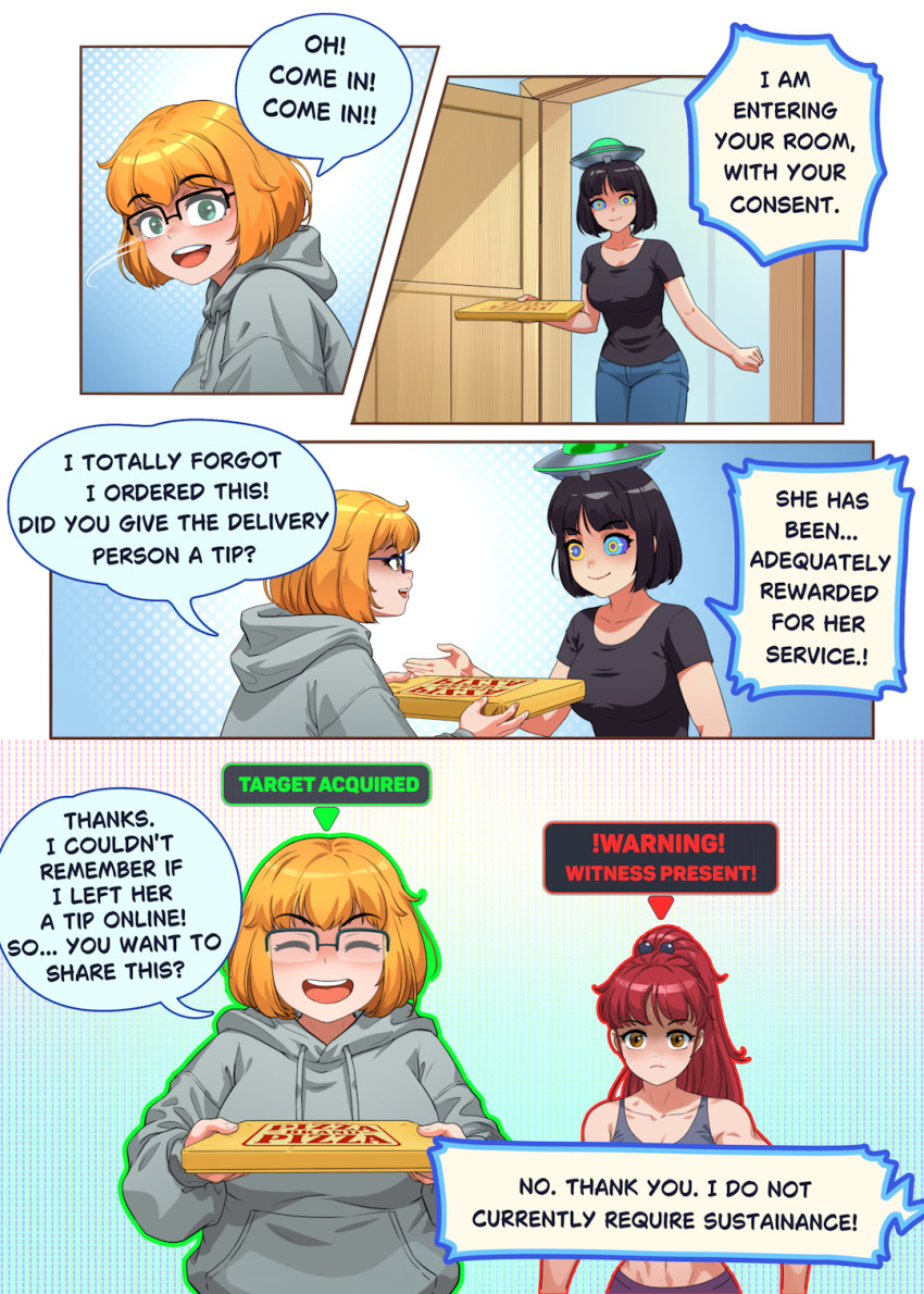 black_hair blonde_hair brown_eyes chien_vietnam comic dialogue femsub glasses green_eyes kaa_eyes pizza red_hair ring_eyes ufo ufo_hat