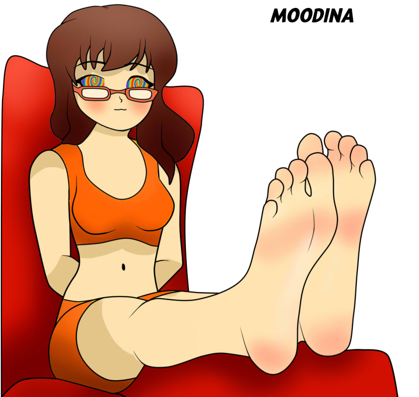 barefoot blush brown_hair feet femsub foot_focus glasses moodina nozomi_akemi penlight sitting spiral_eyes symbol_in_eyes underwear