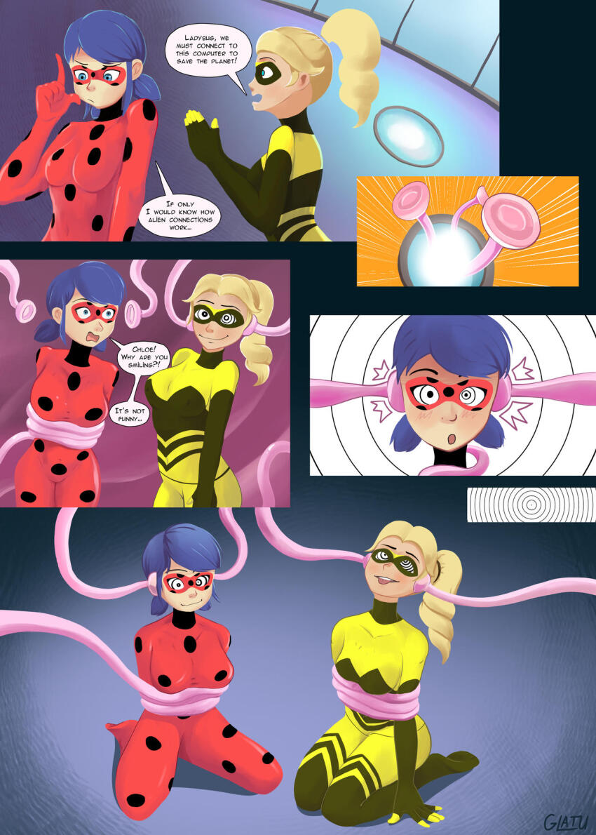 blush chloe_bourgeois comic dialogue femsub glatu happy_trance marinette_dupain-cheng miraculous_ladybug ring_eyes speech_bubble tech_control tentacles tongue tongue_out