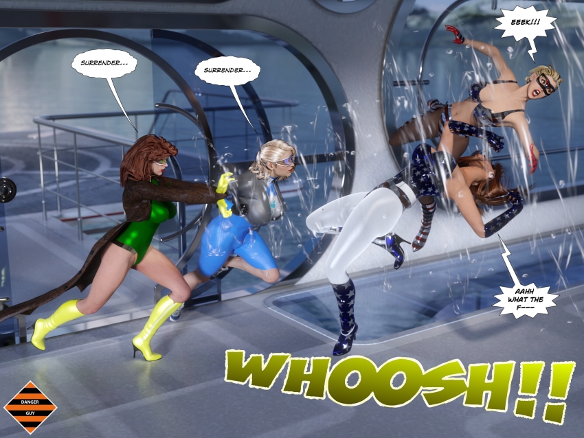 absurdres blonde_hair blue_bombshell bodysuit dangerguy01 duster_(dangerguy01) expressionless femsub fingerless_gloves flag_bikini high_heels lipstick long_hair multiple_girls multiple_subs orange_hair original resisting short_hair sneakers spiral tech_control visor