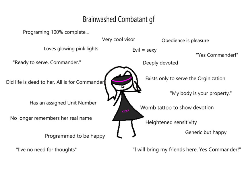 crotch_tattoo dress drone dronification female_only femsub happy_trance humor meme saluting simple_background smile solo standing tech_control text velkahypno visor white_background