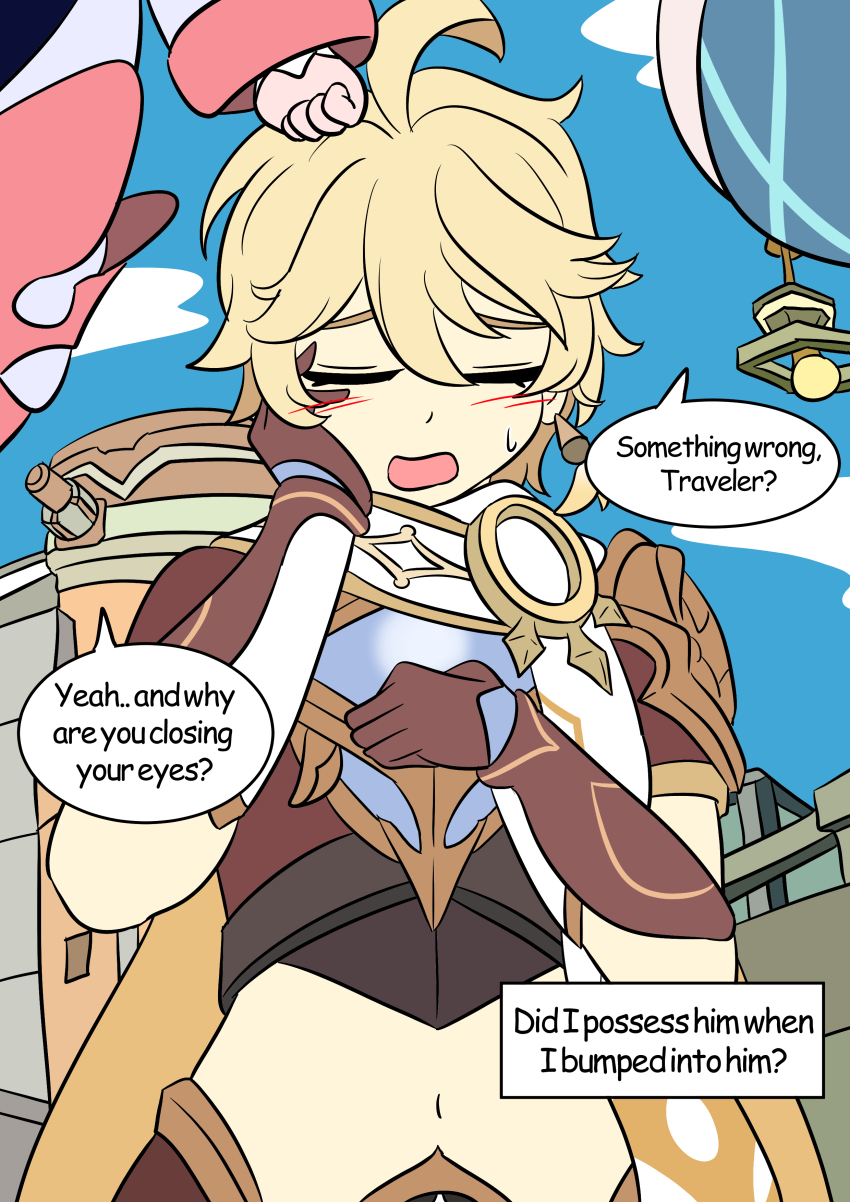 accidental_hypnosis aether_(genshin_impact) ahoge blonde_hair blush character_request closed_eyes clothed columbina_(genshin_impact) earrings embarrassed english_text femdom genshin_impact gloves hand_on_head malesub midriff navel outdoors paimon_(genshin_impact) possession sweat text vel