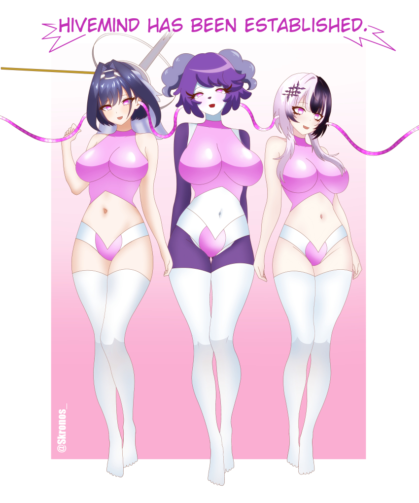 ayuko_(jcroth) black_hair blue_hair female_only femsub furry glowing_eyes hololive hololive_english horns indeedee kronii_ouro kronobas28 multicolored_hair multiple_girls multiple_subs nintendo open_mouth original pink_eyes pokemon pokemon_(creature) purple_hair shiori_novella short_hair socks tech_control text uniform virtual_youtuber white_hair wires