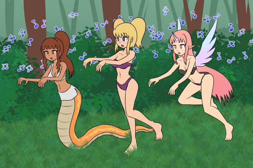 barefoot bikini_bottom bikini_top blonde_hair blue_eyes brown_eyes brown_hair cailey_(swankypajamas) empty_eyes feet horns hypnotic_music lina_(swankypajamas) marigold_(swankypajamas) mythkaz naga_girl original pink_eyes pink_hair snake_girl tagme wings zombie_walk