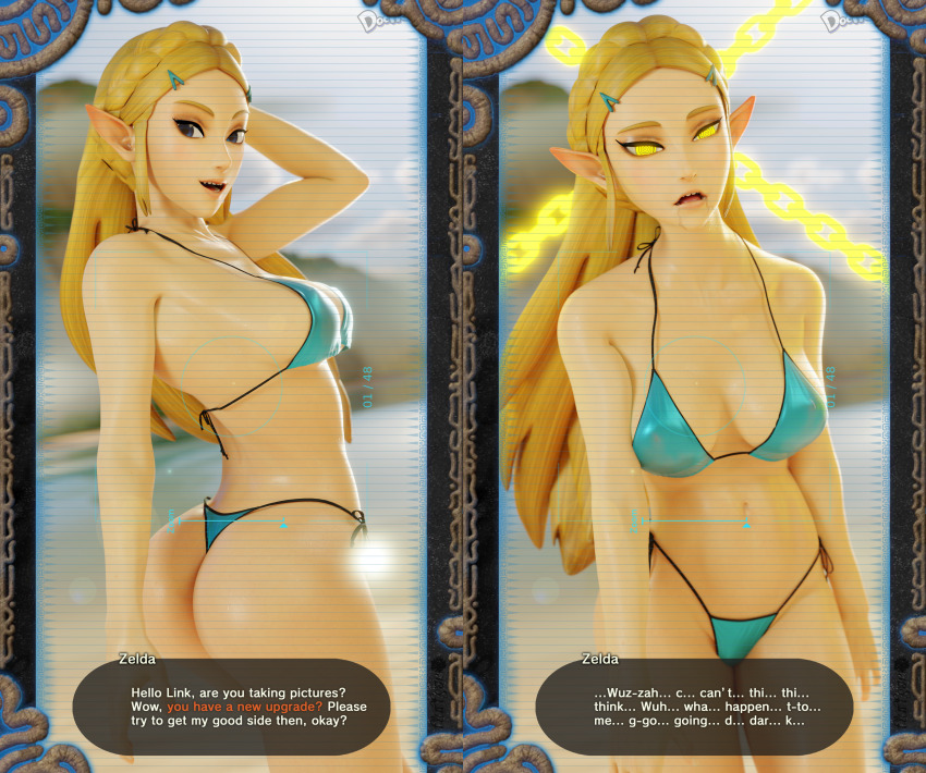 absurdres ass before_and_after bikini blonde_hair blue_eyes breasts breath_of_the_wild dialogue dochaunt drool elf_ears femsub long_hair looking_at_viewer looking_back mental_chains navel nintendo open_mouth princess princess_zelda sideboob slouching smile spiral_eyes text the_legend_of_zelda user_interface