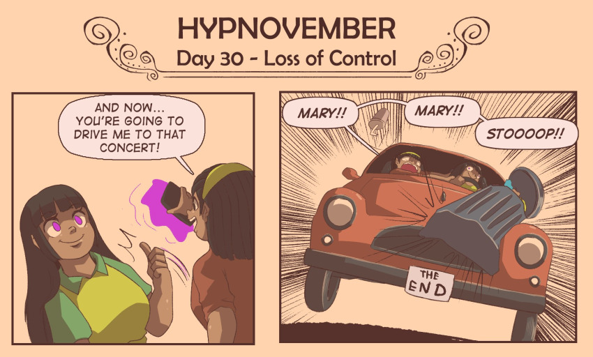 black_eyes black_hair dialogue english_text femdom femsub happy_trance headband hypnovember long_hair mary_mavys_(pstash) open_mouth original phone pstash purple_eyes scared shirt smile speech_bubble tech_control yellow_background