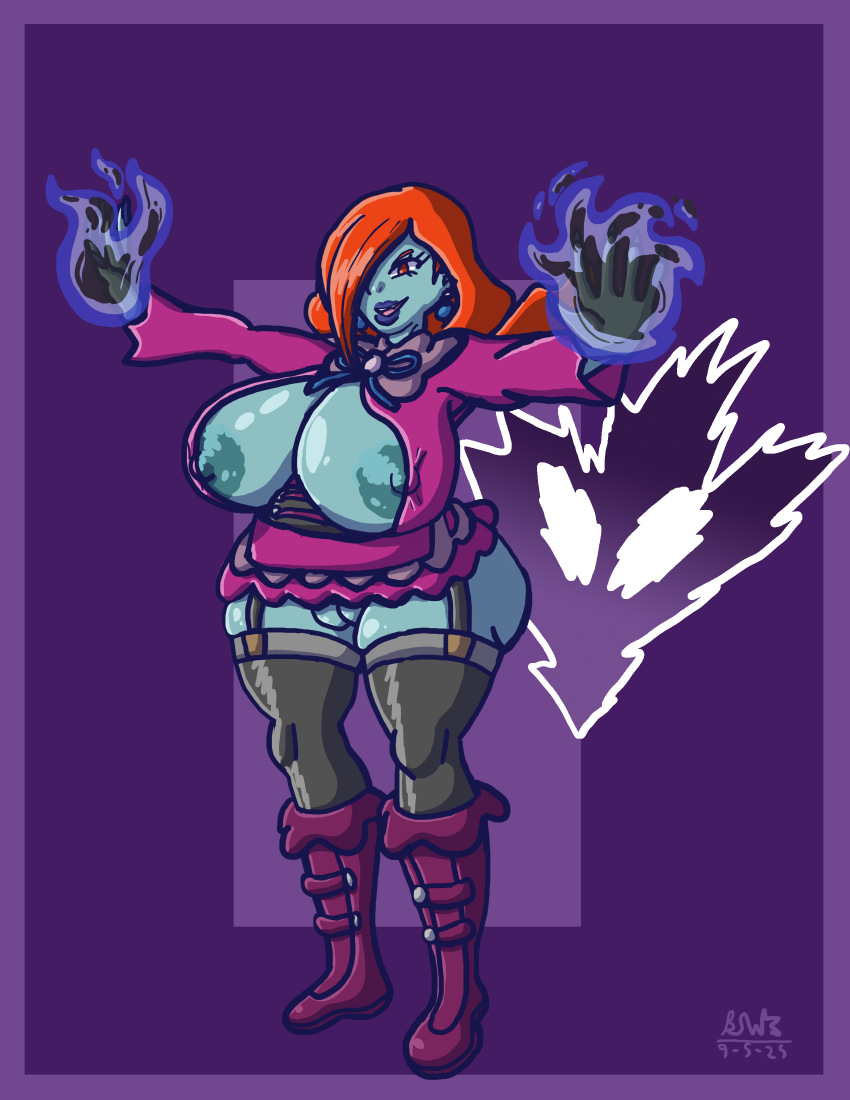 alternate_costume alternate_hairstyle assimilation aura blue_skin bluestarwishes bottomless breasts corruption crossover earrings eye_color_change female_only femdom femsub hair_color_change hair_covering_one_eye hex_maniac large_breasts lipstick milf nintendo nipples orange_eyes orange_hair pokemon pokemon_legends_z-a pokemon_ruby_sapphire_and_emerald possession pussy shoes standing the_legend_of_zelda thick_thighs thighs veran very_long_hair