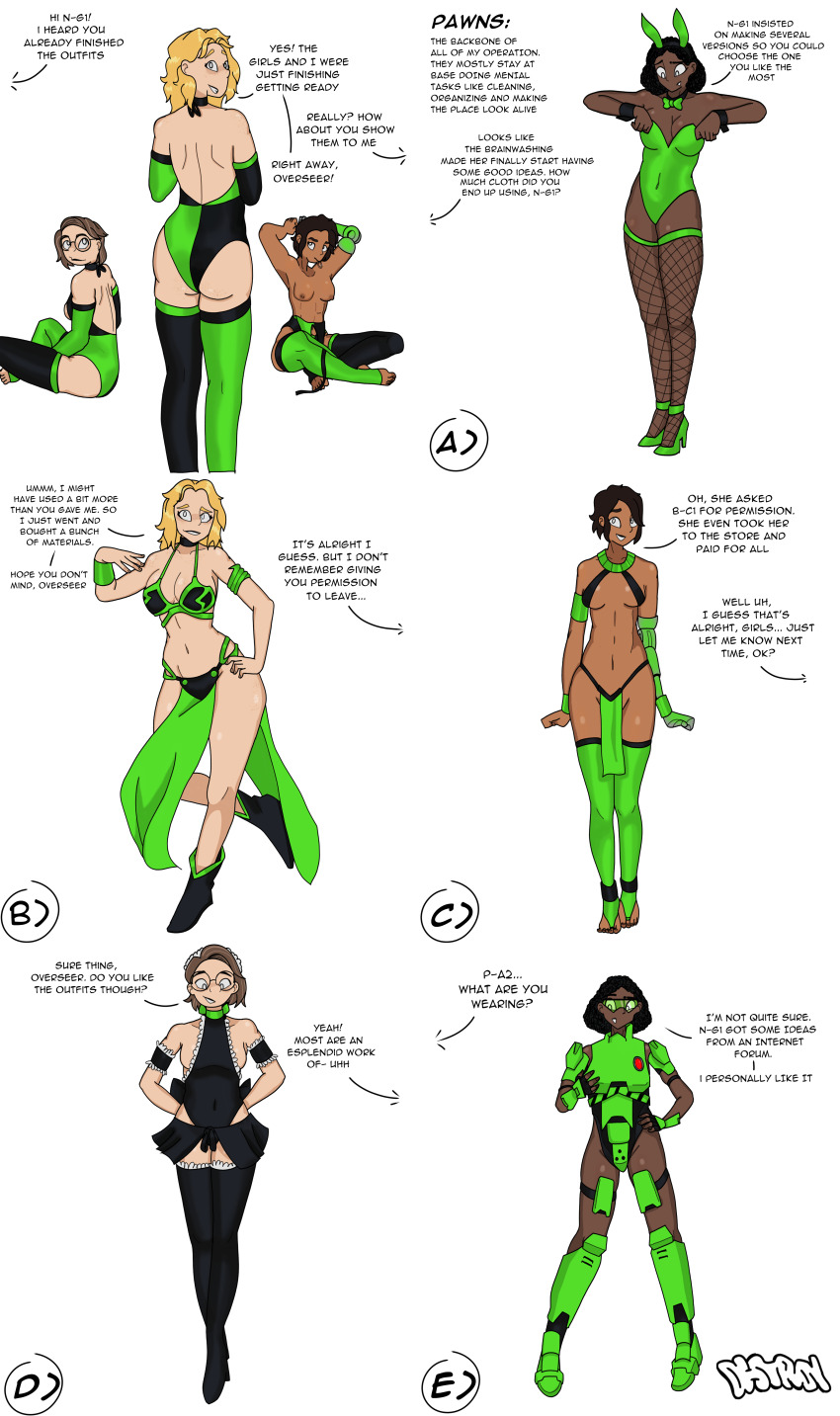 armor bunny_girl bunnysuit camila_(pawns_desire) dancer dark_skin femsub maddie_(pawns_desire) maid natasha_(pawns_desire) nia_(pawns_desire) overseer_(pawns_desire) pawns_desire slave_bikini swimsuit text tragicsolitudedragon undressing uniform