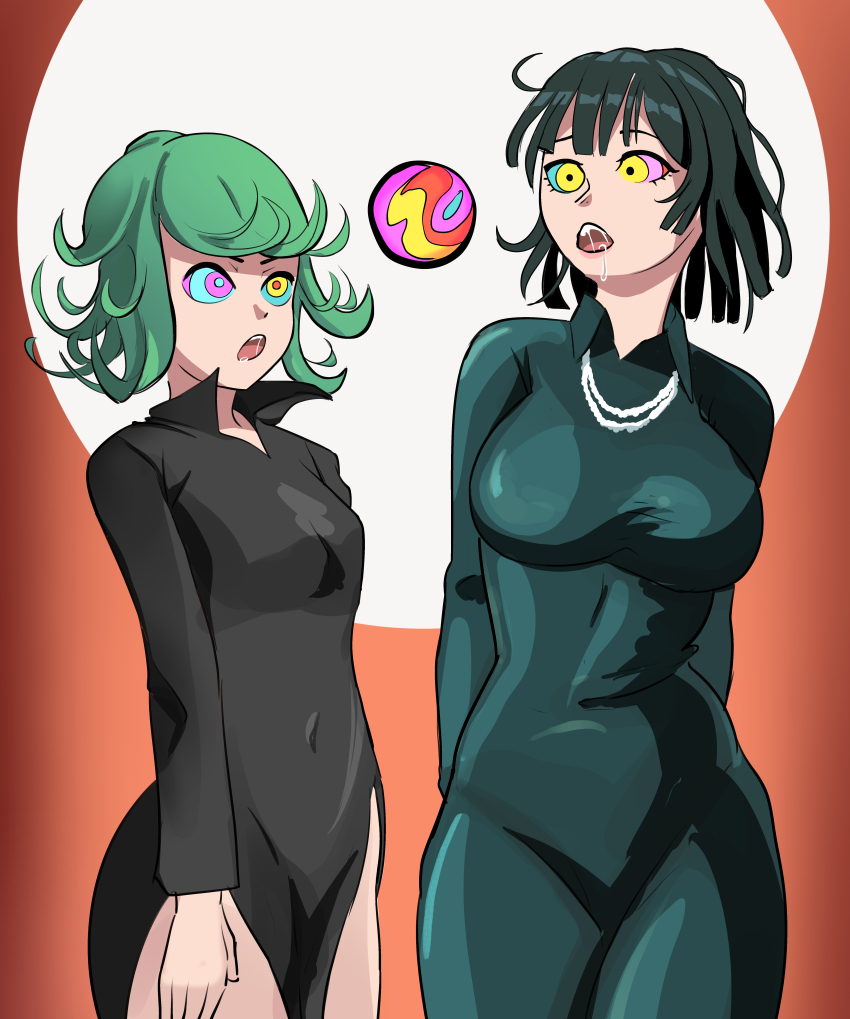 breasts clothed drool female_only femsub fubuki_(one_punch_man) glatu green_hair hypnotic_orb kaa_eyes large_breasts navel one_punch_man open_mouth orb sisters small_breasts tatsumaki_(one_punch_man)