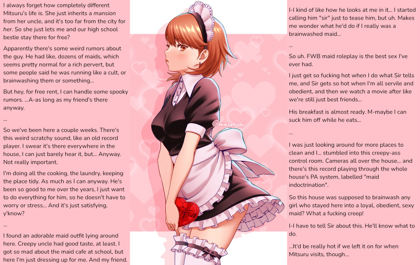 absurdres blush breasts caption caption_only dress english_text femsub happy_trance heart hypnotic_audio leggings maid maid_headdress maledom manip masatoshi_1219 monsieurchuchote_(writer) orange_eyes orange_hair persona_(series) persona_3 signature subliminal text yukari_takeba