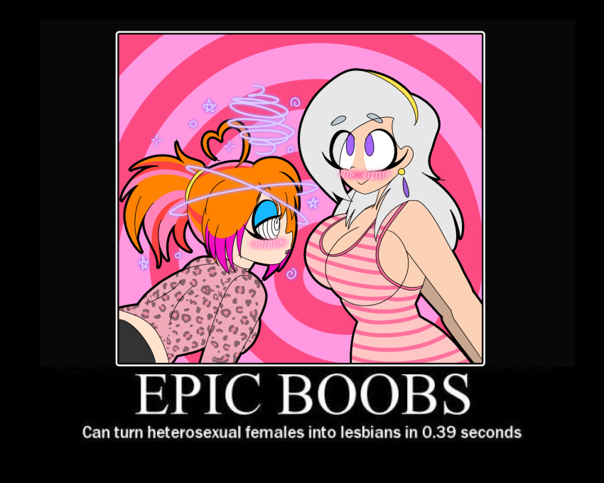 blush breasts dazed deejay_(zombi62) earrings expressionless female_only femdom femsub grey_hair humor hypnotic_breasts leaning_forward long_hair meme original ponytail red_hair sexuality_change smile spiral_background spiral_eyes spiralwash_eyes straight_to_gay symbol_in_eyes tank_top text vi_(vynil) zombi62