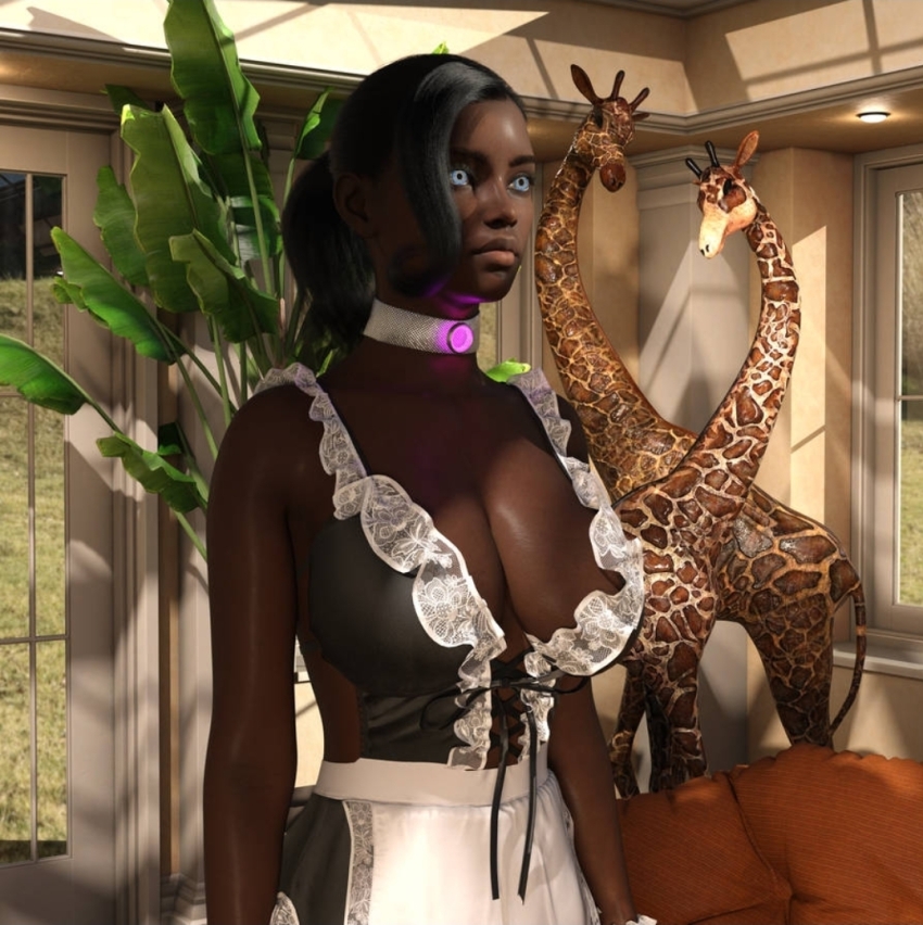 3d black_hair blue_eyes cleavage cleavage_cutout collar creativeguy59 dark_skin female_only femsub large_breasts maid original ponytail standing_at_attention tech_control