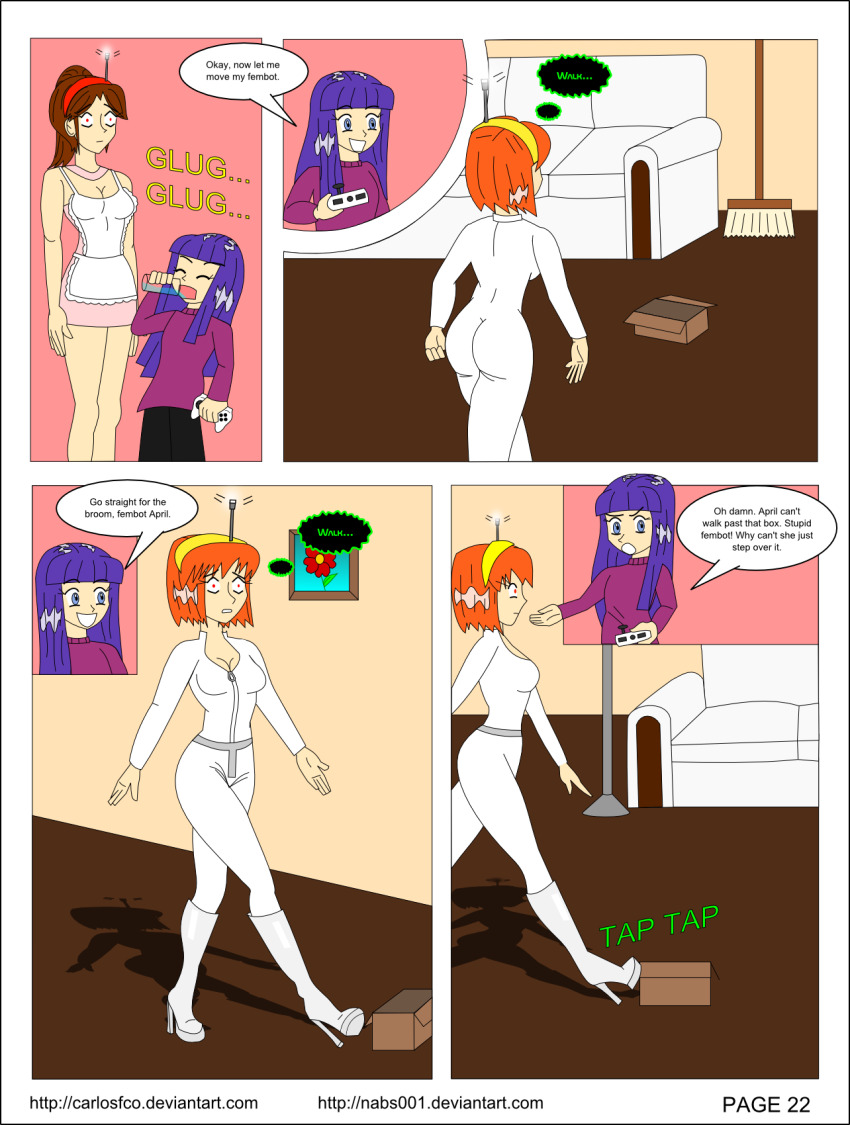 april_o&#039;neil ass brown_hair carlosfco comic dialogue fembot femdom femsub julia_(carlosfco) kigi_(carlosfco) large_breasts long_hair maid nabs001_(colorist) orange_hair original purple_hair short_hair tech_control teenage_mutant_ninja_turtles text