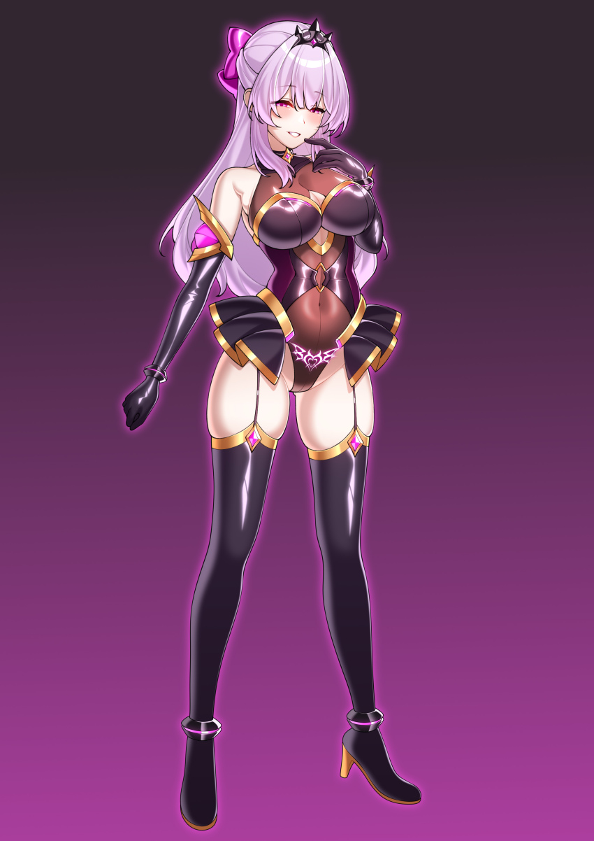 absurdres aura bangs bare_shoulders blush boots bow breasts cleavage crotch_tattoo crown cuffs female_only femsub garter_straps gloves gradient_background hair_ornament happy_trance high_heels jewelry leotard long_hair looking_at_viewer lukazyx navel opera_gloves original pink_background pink_hair purple_background see-through simple_background skirt smile solo standing thigh_boots thighhighs tight_clothing very_long_hair