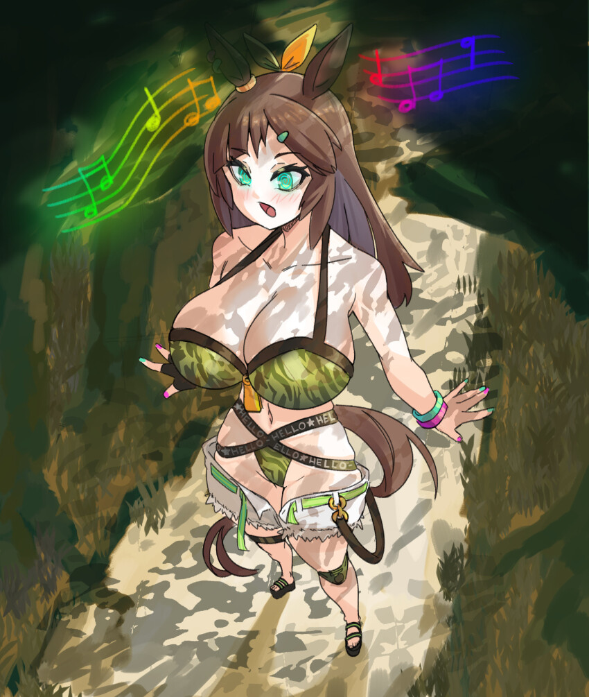 animal_ears belt blush bracelet brown_hair collarbone cygames earrings english_text eyebrows_visible_through_hair female_only femsub forest green_eyes hair_ribbon horse_girl huge_breasts hypnotic_audio hypnotic_music ines_fujin jewelry konaloid long_hair music nail_polish open_mouth outdoors panties sandals short_shorts solo spiral_eyes standing_at_attention text uma_musume underwear wrist_band
