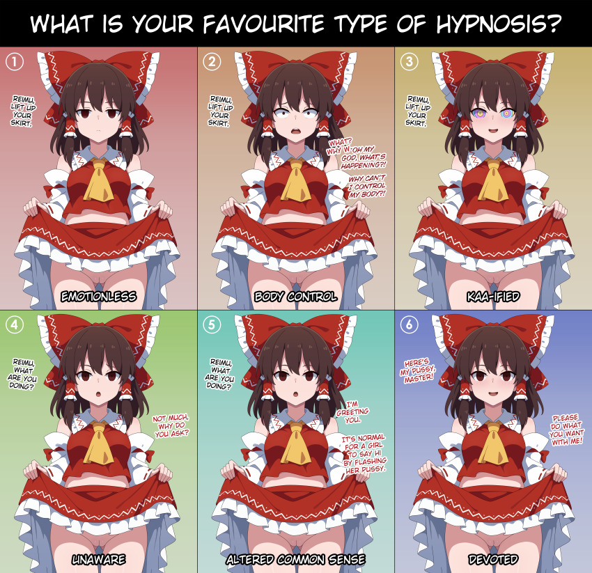 absurdres altered_common_sense aware blush body_control brown_hair comic dialogue empty_eyes english_text expressionless femsub gradient_background guilegaze guilegaze_(manipper) hair_ornament heart_eyes kaa_eyes long_hair no_panties open_mouth pussy red_eyes reimu_hakurei ribbon shrine_maiden simple_background skirt_lift small_breasts text touhou unaware