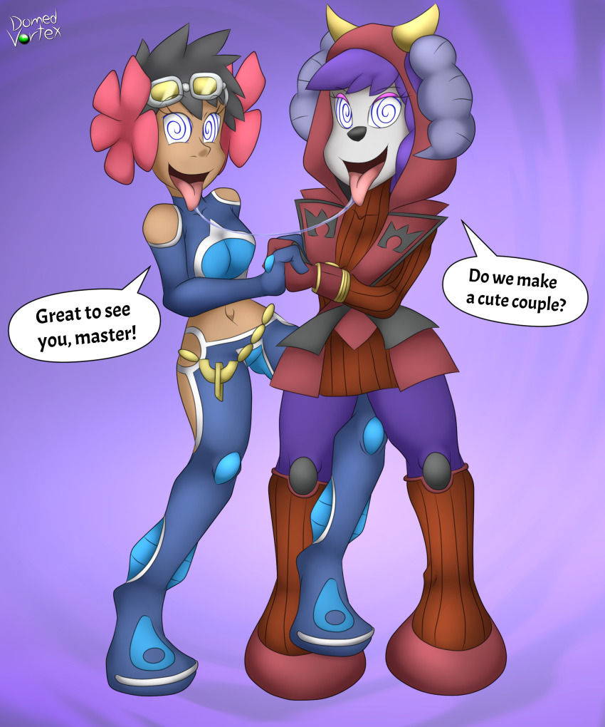 absurdres admin_courtney admin_shelly alternate_costume ayuko_(jcroth) bare_shoulders black_hair clothed cosplay costume dialogue domedvortex english_text femsub gloves goggles goggles_on_head grey_skin happy_trance holding_hands horns looking_at_viewer midriff navel nintendo open_mouth original pale_skin phoebe_(pokemon) pokemon pokemon_ruby_sapphire_and_emerald purple_background purple_hair shoes simple_background speech_bubble spiralwash_eyes spit_trail standing sub_on_sub team_aqua team_magma text tongue tongue_out yuri