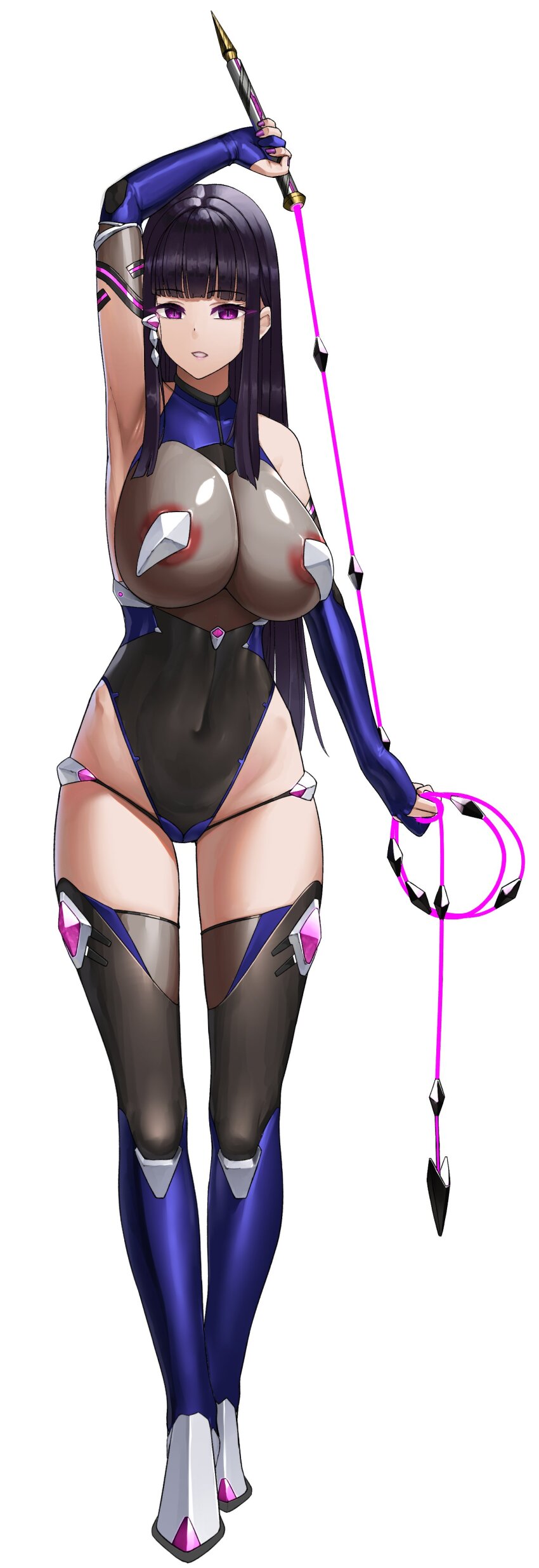 absurdres armpits bare_shoulders black_hair boots clothed_exposure empty_eyes fingerless_gloves gloves large_breasts leotard looking_at_viewer miyashiro_ryuutarou nail_polish pasties purple_eyes quiet_aqua see-through simple_background standing straight-cut_bangs thigh_boots thighhighs twin_quiet weapon whip white_background