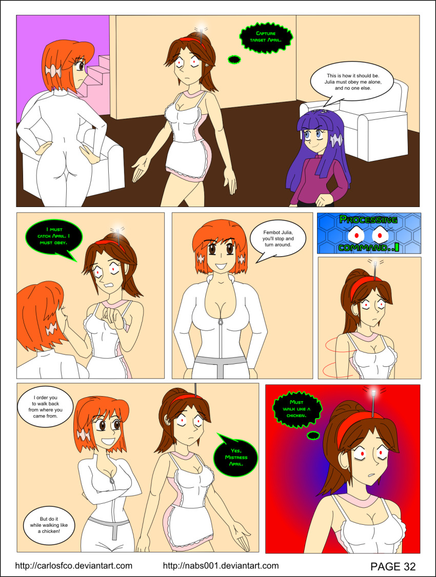 april_o&#039;neil ass brown_hair carlosfco comic dialogue fembot femdom femsub julia_(carlosfco) kigi_(carlosfco) large_breasts long_hair maid nabs001_(colorist) orange_hair original purple_hair short_hair tech_control teenage_mutant_ninja_turtles text