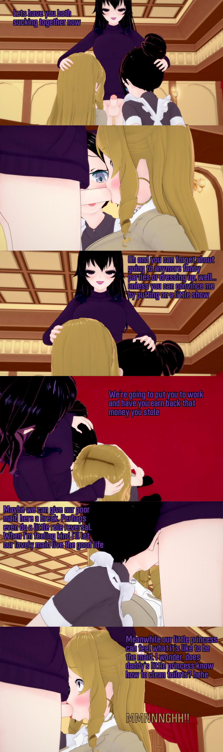 absurdres aware black_hair blonde_hair body_control brown_eyes clothed collaborative_fellatio dialogue english_text fellatio female_only femdom femsub futanari glasses grey_eyes kneeling lila_(ophelia's_dollhouse) long_hair maid multiple_girls multiple_subs ophelia's_dollhouse ophelia_(ophelia's_dollhouse) oral penis purple_eyes scared text virginia_westbrook_(ophelia's_dollhouse) zenin1