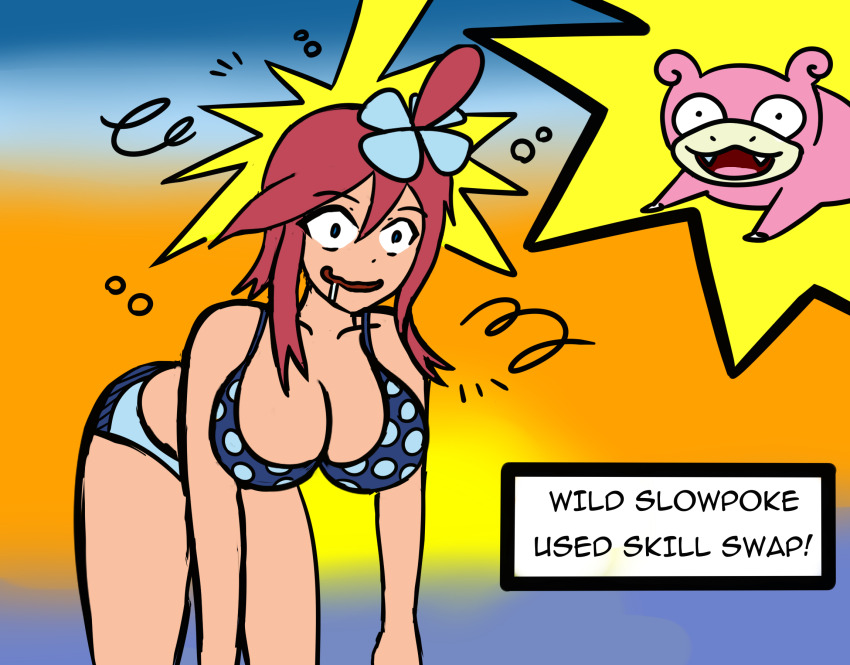bare_legs bent_over bikini brain_drain dazed drool eaglet1 femsub flower_in_hair gameplay_mechanics gradient_background light_skin nintendo pink_skin pokemon pokemon_(creature) pokemon_black_and_white red_hair shrunken_irises simple_background skyla slowpoke text
