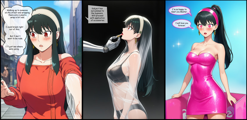 ai_art before_and_after black_hair dialogue dollification femsub large_breasts long_hair spiral_eyes spy_x_family text yor_briar