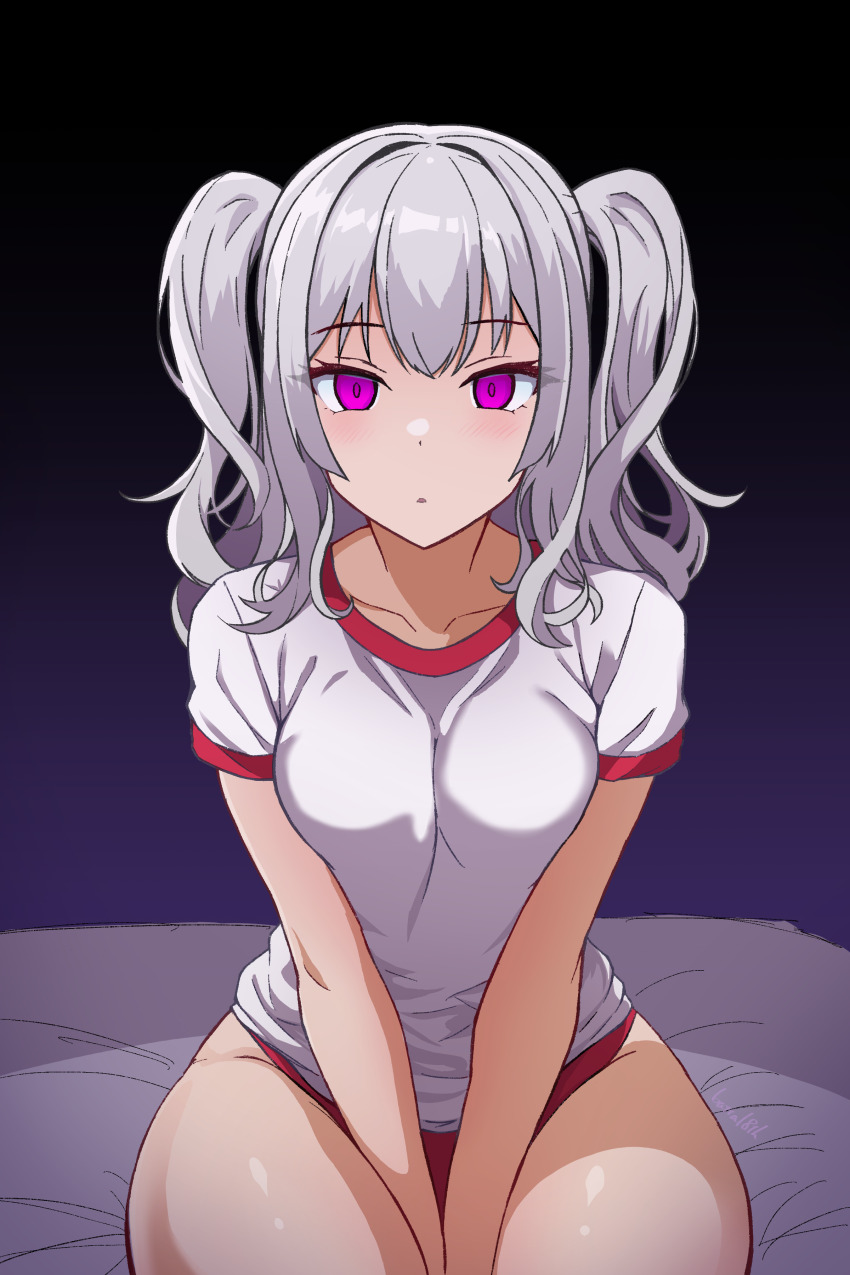 absurdres batta18th bed breasts clothed empty_eyes expressionless female_only femsub grey_hair gym_uniform kantai_collection kashima_(kantai_collection) long_hair looking_at_viewer pink_eyes simple_background sitting solo sports_briefs twintails