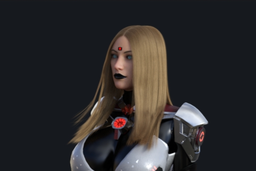 3d armor black_lipstick blonde_hair blue_eyes drone dronification expressionless female_only femsub glowing glowing_eyes happy_trance long_hair microchip mindbotting standing standing_at_attention tech_control