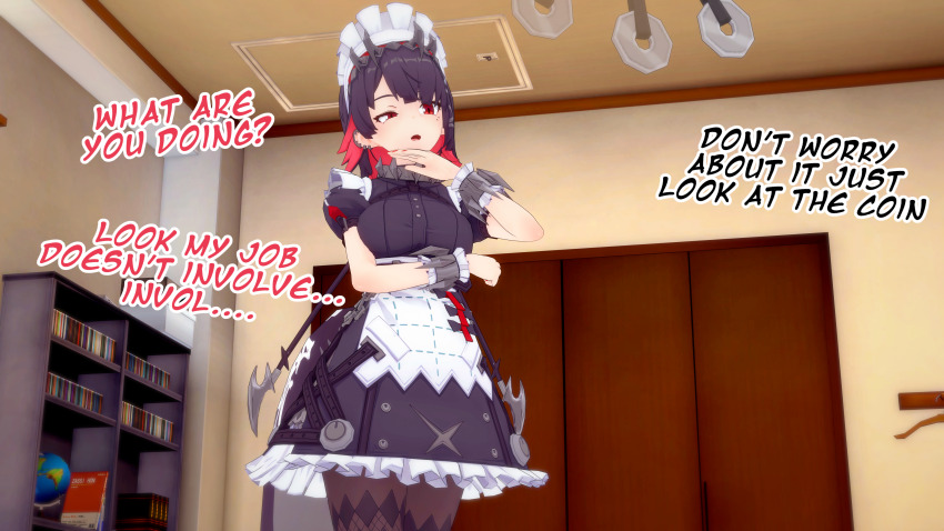 3d absurdres bedroom clothed coin complex_background cuffs dialogue dress ellen_joe english_text koikatsu! maid maid_headdress mole multicolored_hair pantyhose pendulum red_eyes shark_girl text thatguysly zenless_zone_zero