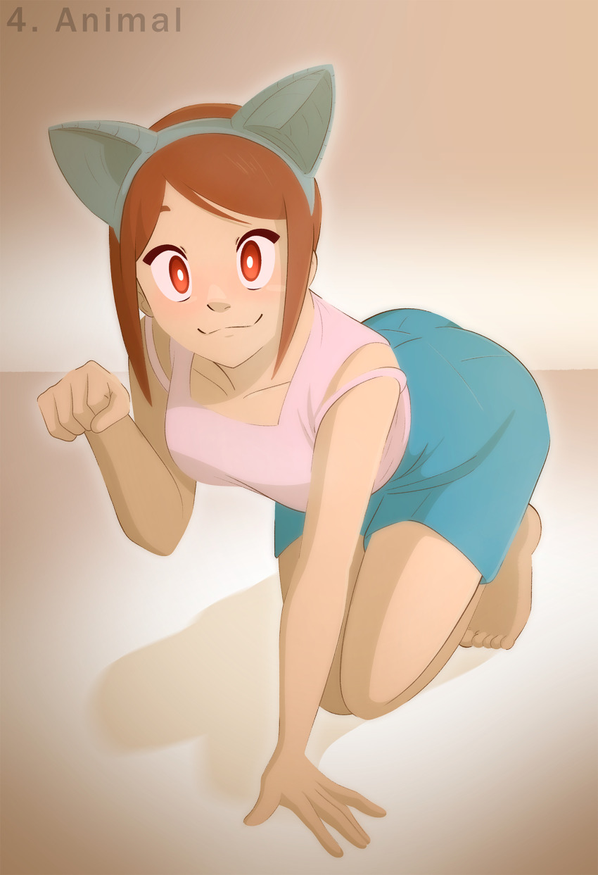 barefoot brown_hair cat_ears cat_pose digimon digimon_adventure_02 disguised_hypnotist fake_animal_ears feet femsub happy_trance hypnovember kari_kamiya pet_play shirt shorts tagme