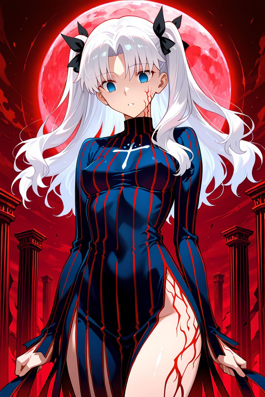 ai_art angra_mainyu blue_eyes body_markings chair chenwenjia_(generator) clothed corruption cosplay dark_sakura expressionless facial_markings fate/stay_night fate/stay_night_heaven's_feel fate_(series) femsub hair_color_change long_hair looking_at_viewer possession rin_tohsaka white_hair